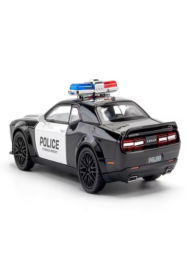 KING FORU Scale Exclusive Alloy Metal Pull Back Die-cast Car Model with Sound Light Mini Auto Toy for Kids Metal Model Toy Car with Sound and Light (1.24 Scale Dodge Challenger Police-Black) - Image 2